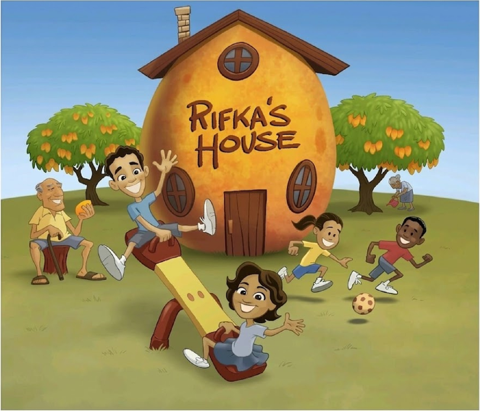 Illustration of Rifka's House: a mango-shaped home with children and elders playing together