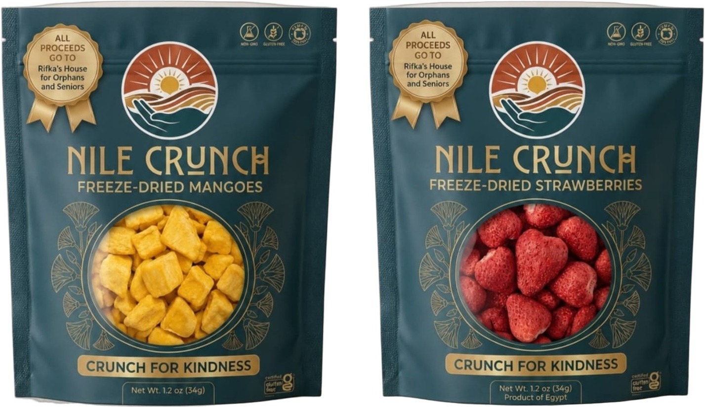 Nile Crunch freeze-dried mangoes and strawberries packaging